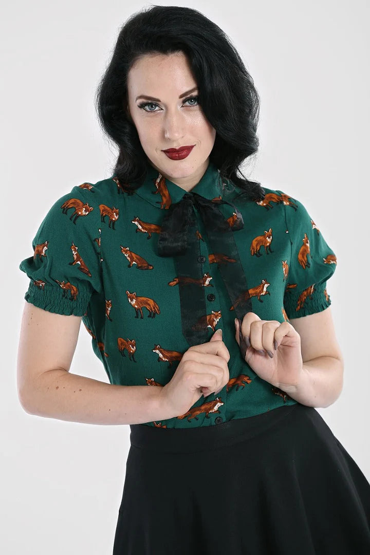 Hell Bunny Vixey Fox Print Blouse Dark Green