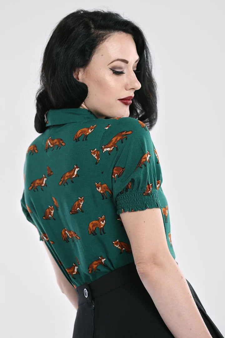 Hell Bunny Vixey Fox Print Blouse Dark Green