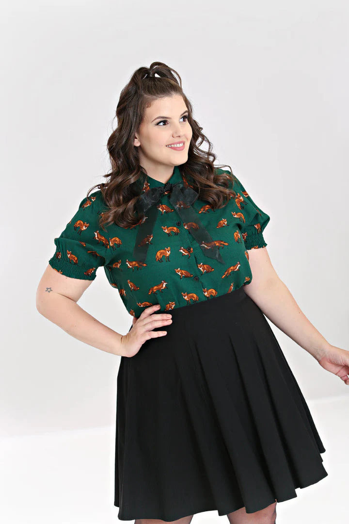 Hell Bunny Vixey Fox Print Blouse Dark Green