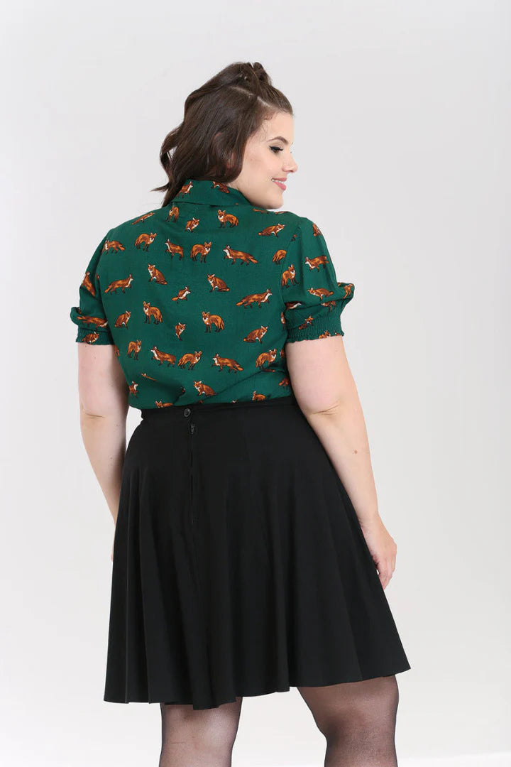Hell Bunny Vixey Fox Print Blouse Dark Green