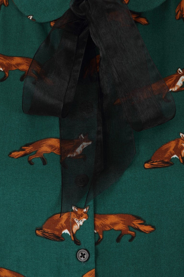 Hell Bunny Vixey Fox Print Blouse Dark Green