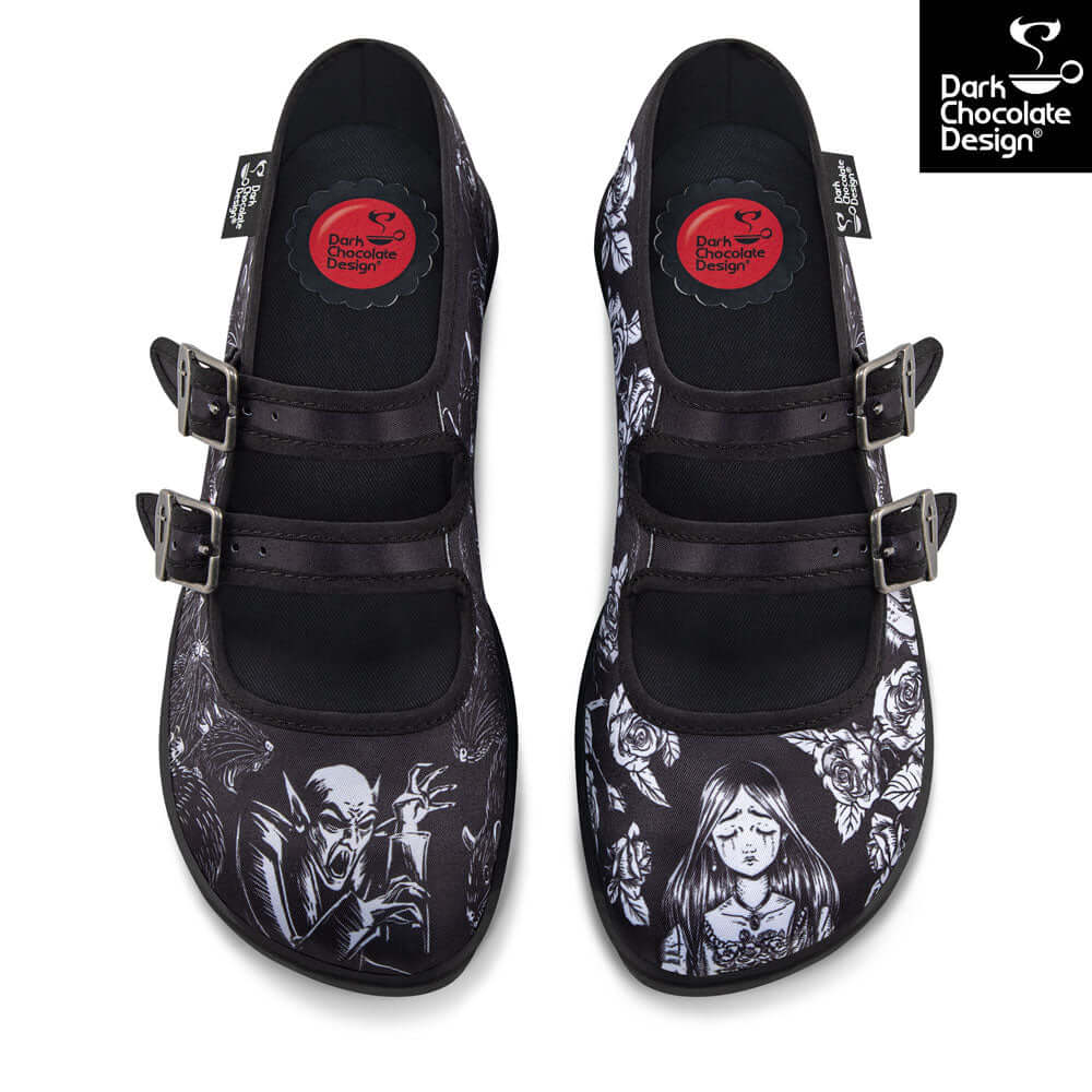 Hot Chocolate Design Death Stalks Nosferatu styled Double Strap Mary Janes with gothic horror artwork.