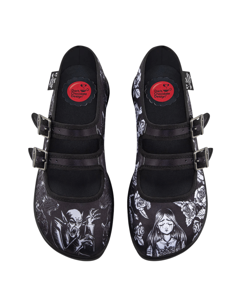 Hot Chocolate Design Death Stalks gothic Mary Janes with black-and-white horror artwork details.