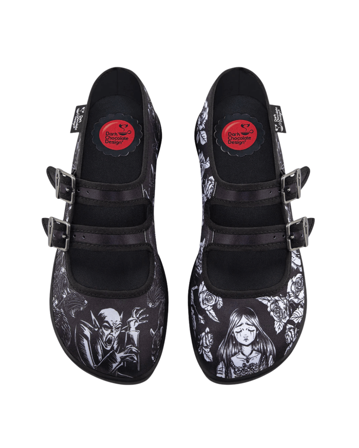 Hot Chocolate Design Death Stalks gothic Mary Janes with black-and-white horror artwork details.