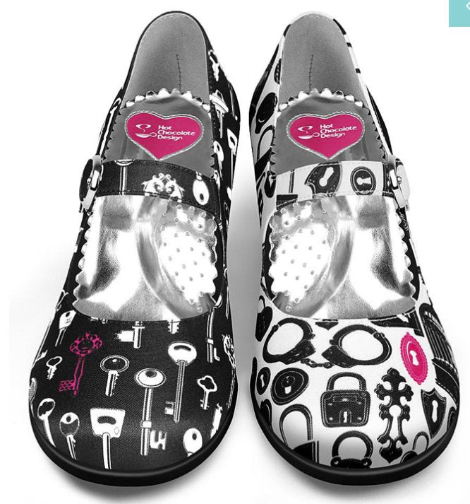 Hot Chocolate Design Key MidHeel featuring black and white key print with metallic faux leather accents.