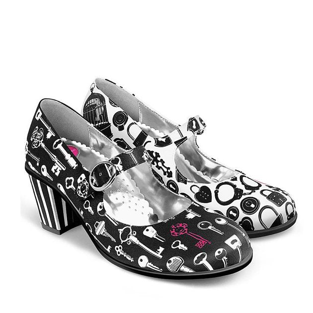 Hot Chocolate Design Key MidHeel featuring a quirky black and white pattern with chunky heel for stylish comfort.