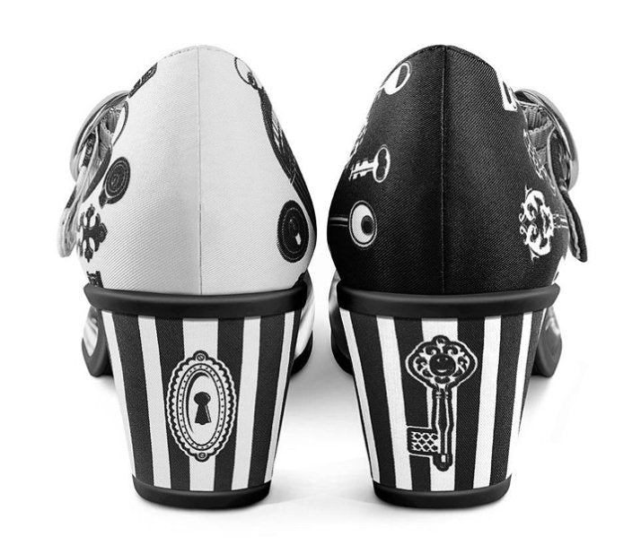 Back view of Hot Chocolate Design Key MidHeel showcasing intricate key patterns and striped design on chunky heel.