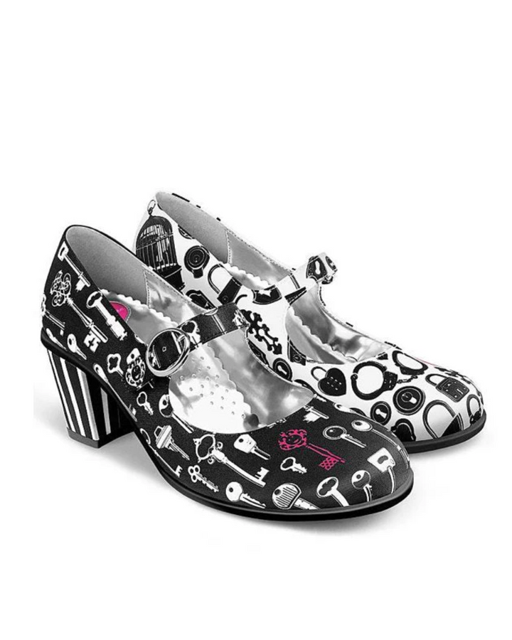Hot Chocolate Design Key MidHeel shoes featuring a unique black and white pattern with a chunky heel for stylish comfort.