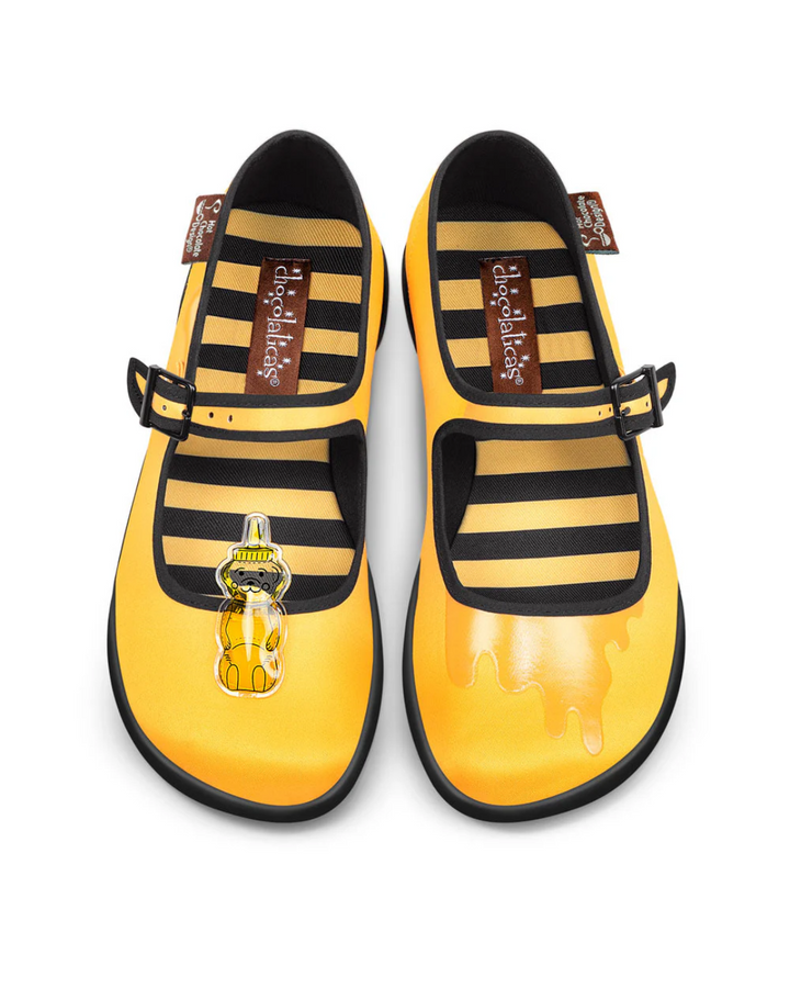 Hot Chocolate Design Oh Honey! quirky yellow mary janes with honey bear and honey-drip accents, fun hot chocolate shoes.