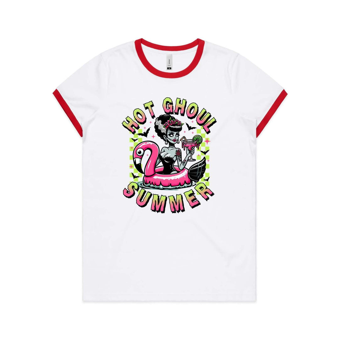 Hot Ghoul Summer pink flamingo ringer tee featuring Bride of Frankenstein graphic and playful summer vibes.