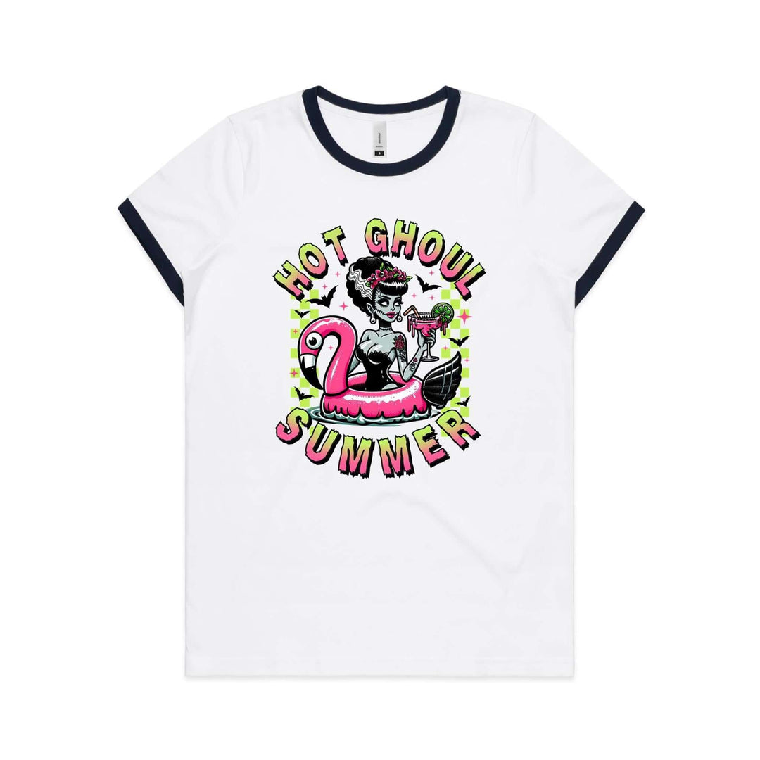 Hot Ghoul Summer women's ringer tee featuring a graphic of the Bride of Frankenstein on a flamingo.