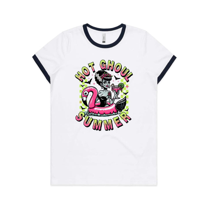 Hot Ghoul Summer women's ringer tee featuring a graphic of the Bride of Frankenstein on a flamingo.
