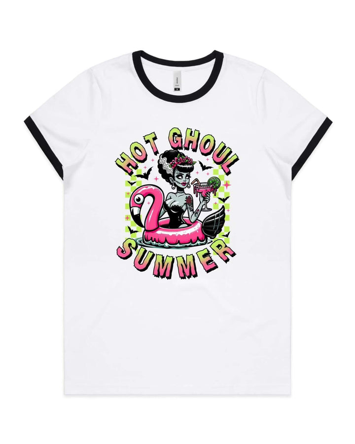 Hot Ghoul Summer Women's Ringer Tee with Bride of Frankenstein graphic on pink flamingo, perfect for poolside vibes.