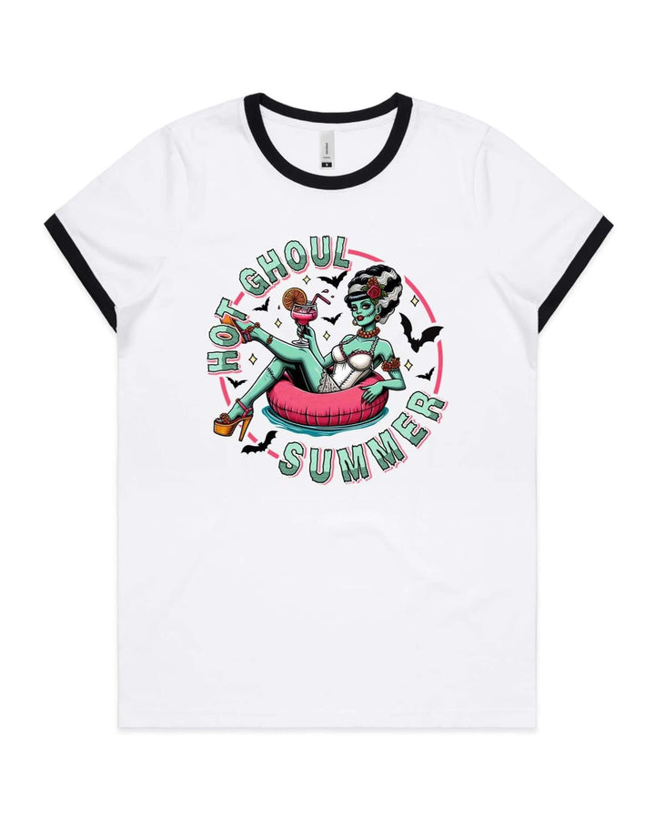 Hot Ghoul Summer Women's Ringer Tee featuring Bride of Frankenstein in a playful summer scene.