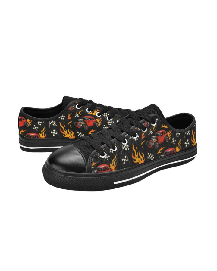 Hot Rod Kids Sneakers(B) featuring candy-apple red car graphics and flames on a black canvas sneaker.