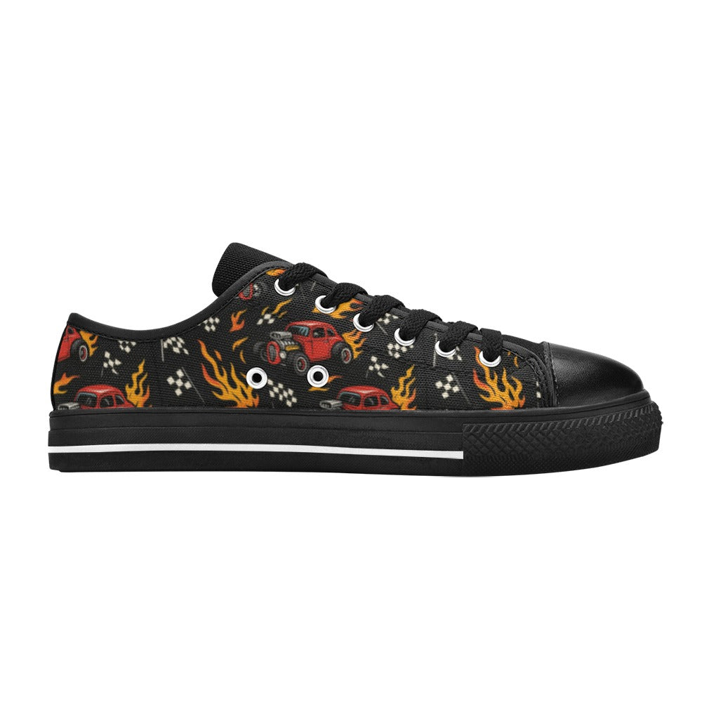 Hot Rod Kids Sneakers(B) featuring candy-apple red hot rods and flaming exhaust on a sleek black canvas base.