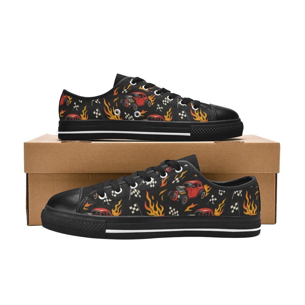 Hot Rod Kids Sneakers(B) on a box showcasing red hot rods and flames on a black canvas sneaker design.