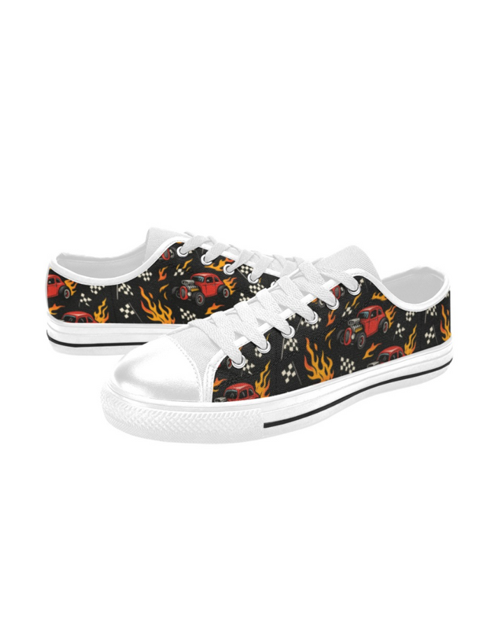 Hot Rod Kids Sneakers showcasing candy-apple red hot rods and flames on a sleek white canvas design.