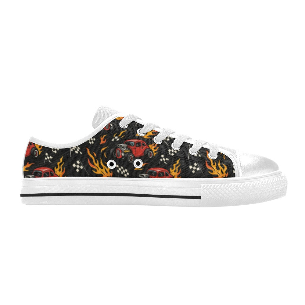 Hot Rod Kids Sneakers featuring red hot rods and flames on a black background with a white sole.