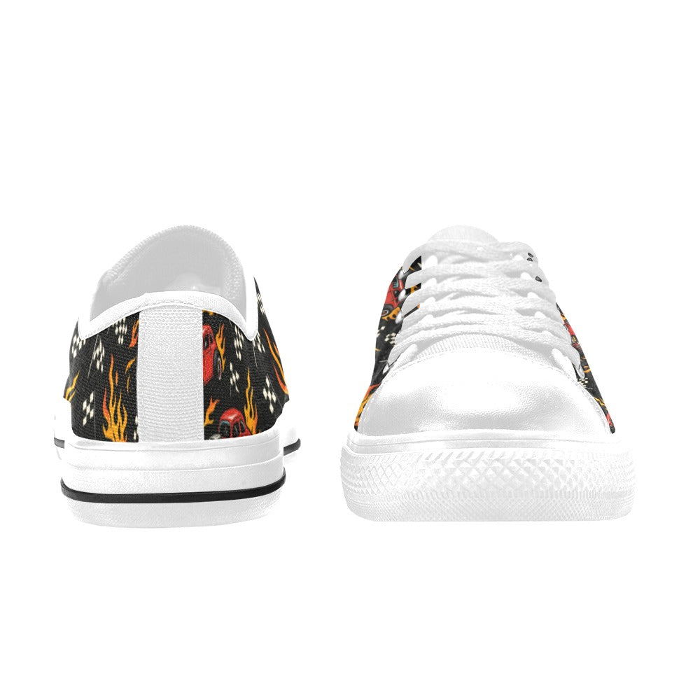 Hot Rod Kids Sneakers featuring candy-apple red hot rods and flames on a sleek white canvas base.