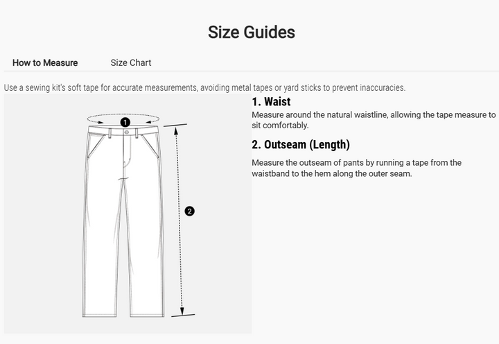 Liquorbrand men’s jeans size guide showing waist length and inseam measurements