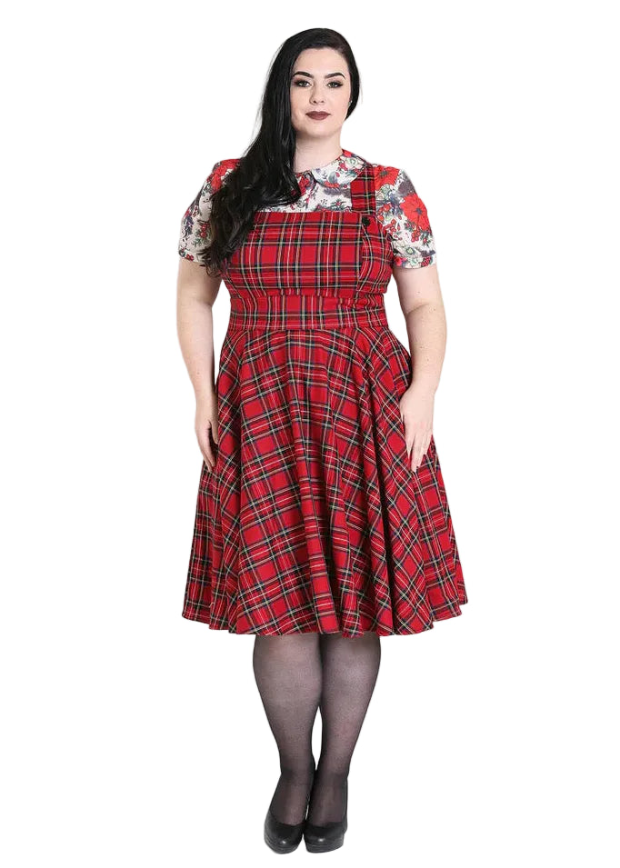 Hell Bunny Irvine red tartan pinafore dress vintage plaid flared skirt with pockets