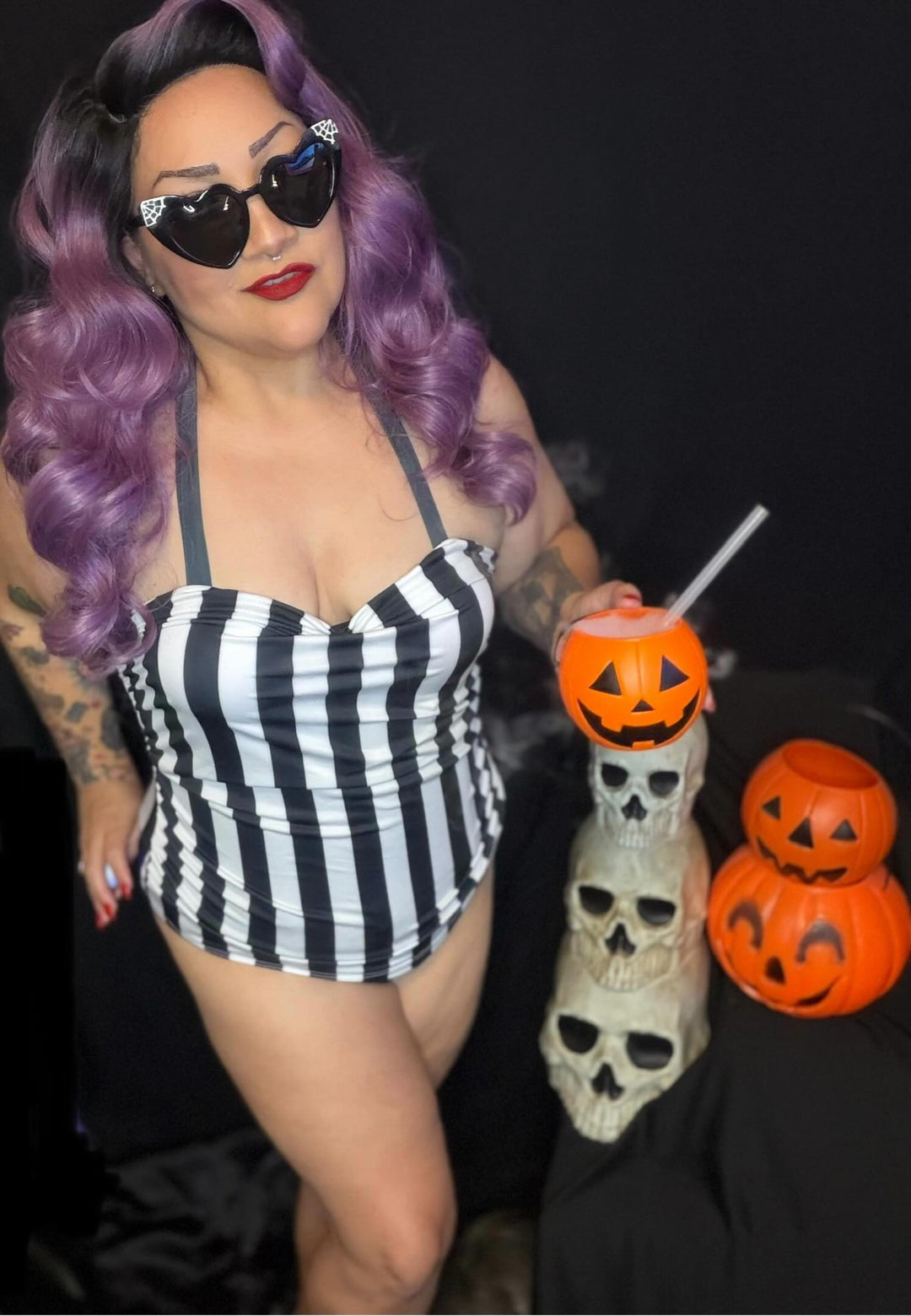 Mindy Morbs Monochrome Stripe Glamour Swimsuit - Limited Edition Collab