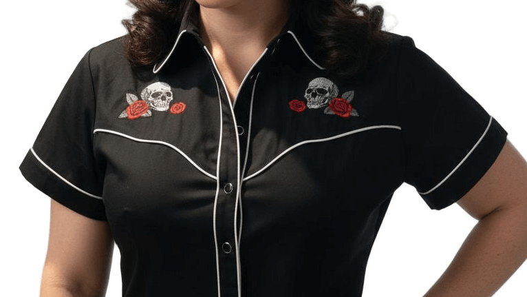 Ladies Embroidered Skull & Roses Western Shirt♥️ featuring unique skull and rose embroidery on a stylish black blouse.