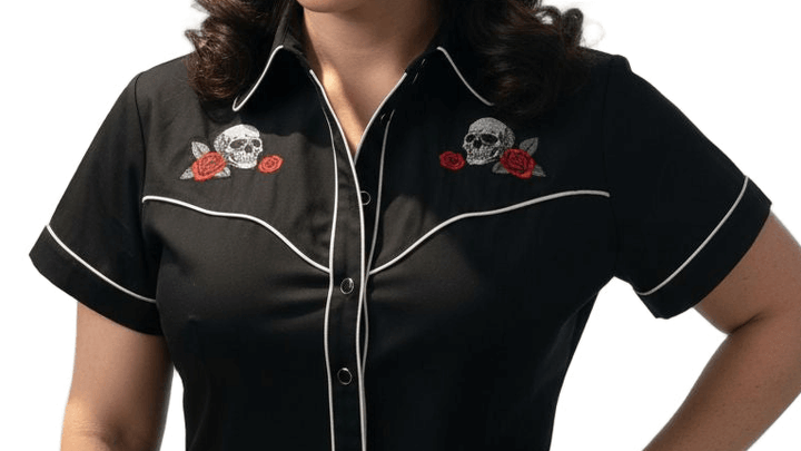 Ladies Embroidered Skull & Roses Western Shirt♥️ featuring unique skull and rose embroidery on a stylish black blouse.
