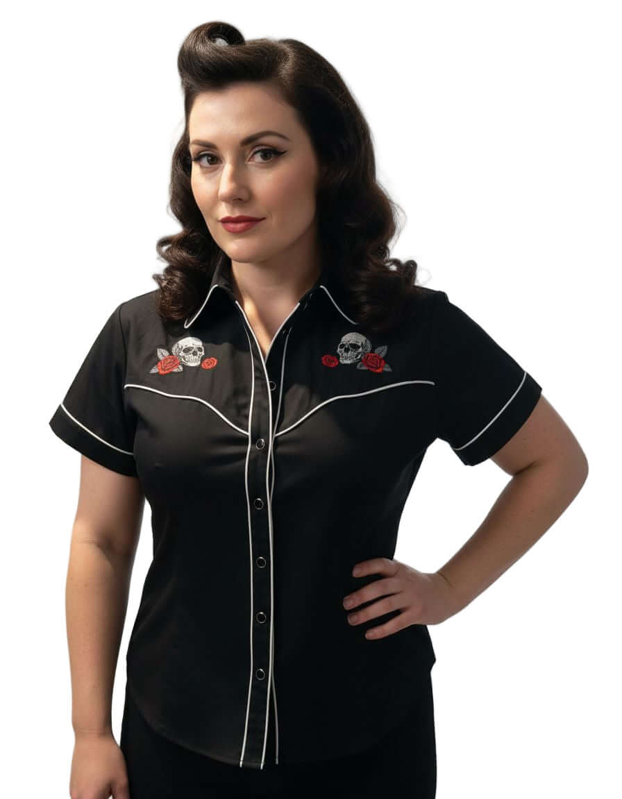 Ladies Embroidered Skull & Roses Western Shirt♥️ featuring vintage skull and rose embroidery with crisp contrast piping.