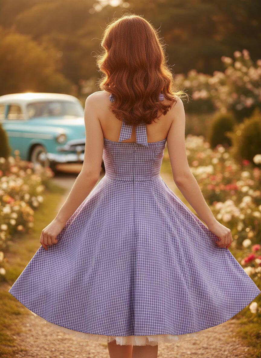 Poison Arrow Retro purple check halter dress with contrast white collar, button front detail and 1950s style full circle skirt
