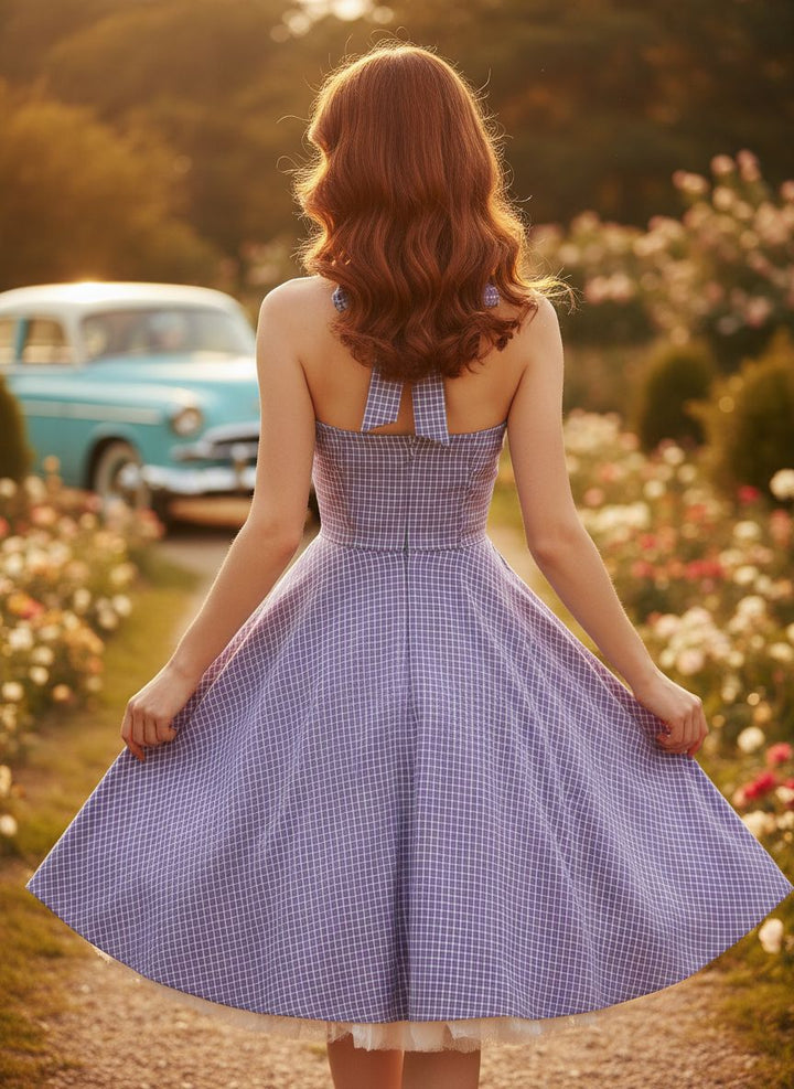 Vintage Lavender Halter Swing Dress with Pockets