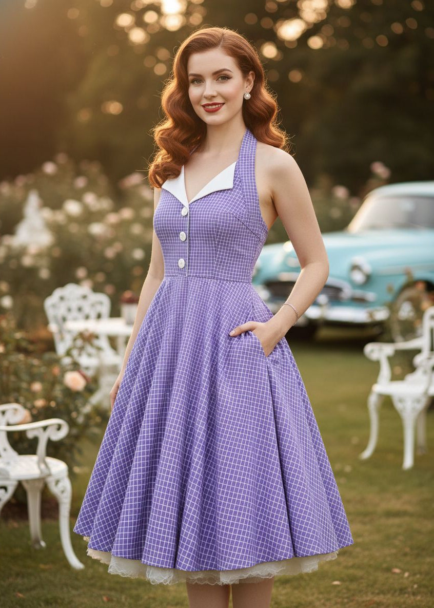 Front view of lavender 1950s halter swing dress with white check pattern, lapel collar, side pockets, and subtle white petticoat – vintage style on UK size 12 model.