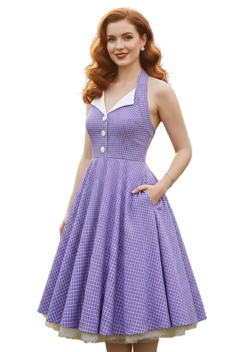 Purple vintage-style women’s halter dress with subtle check pattern, button front bodice and full swing skirt
