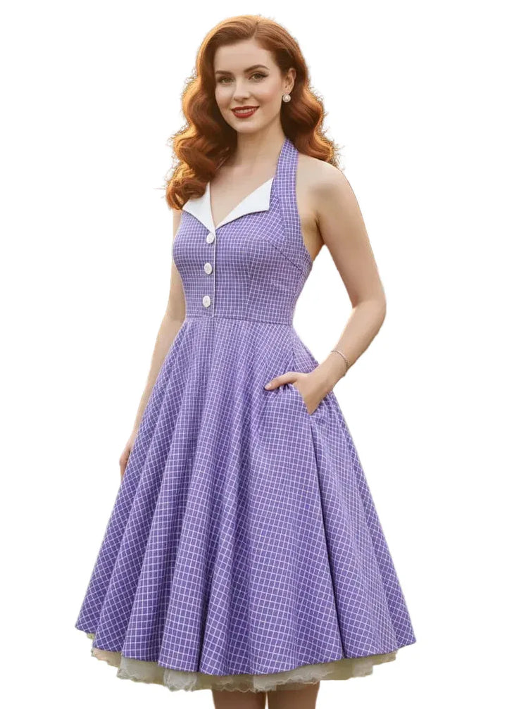 Purple vintage-style women’s halter dress with subtle check pattern, button front bodice and full swing skirt
