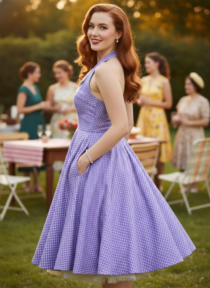 Vintage Lavender Halter Swing Dress with Pockets
