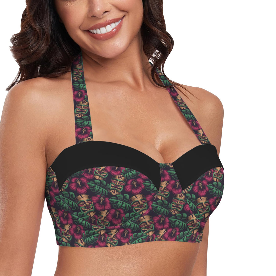 Leilani High Waist Bikini top featuring vibrant tiki-inspired print and stylish black accents.