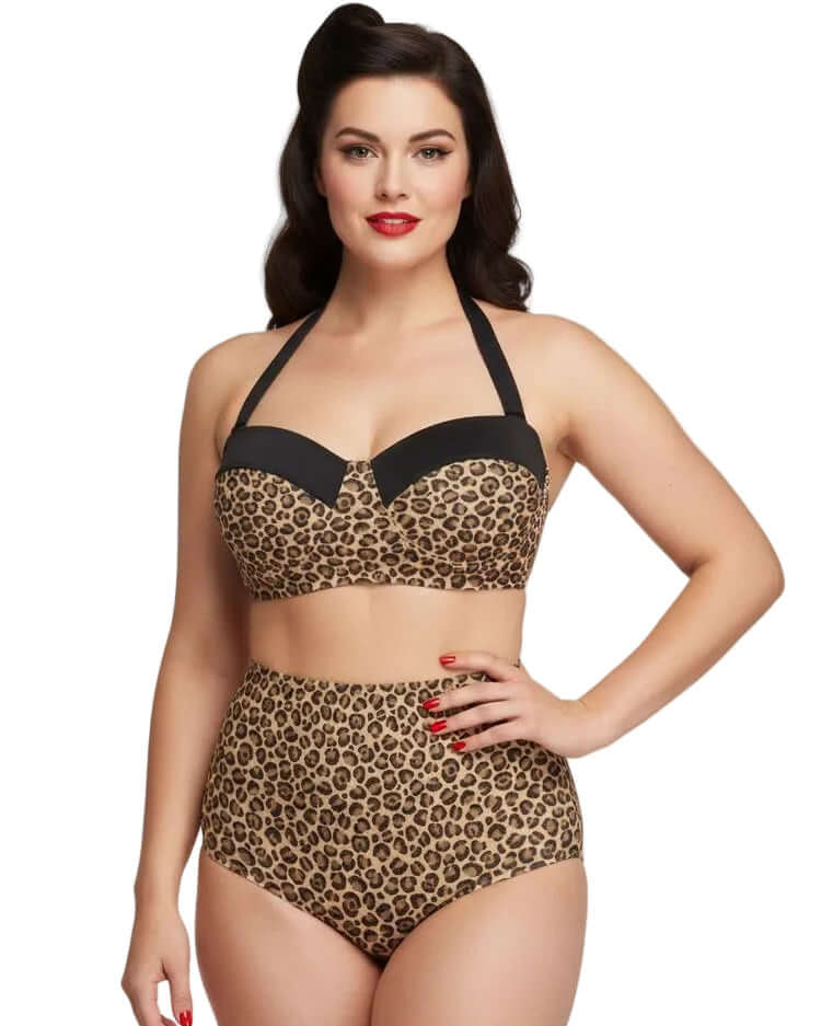 Leopard High Waist Bikini showcasing a vintage animal print design with flattering high-waisted bottoms and retro style.