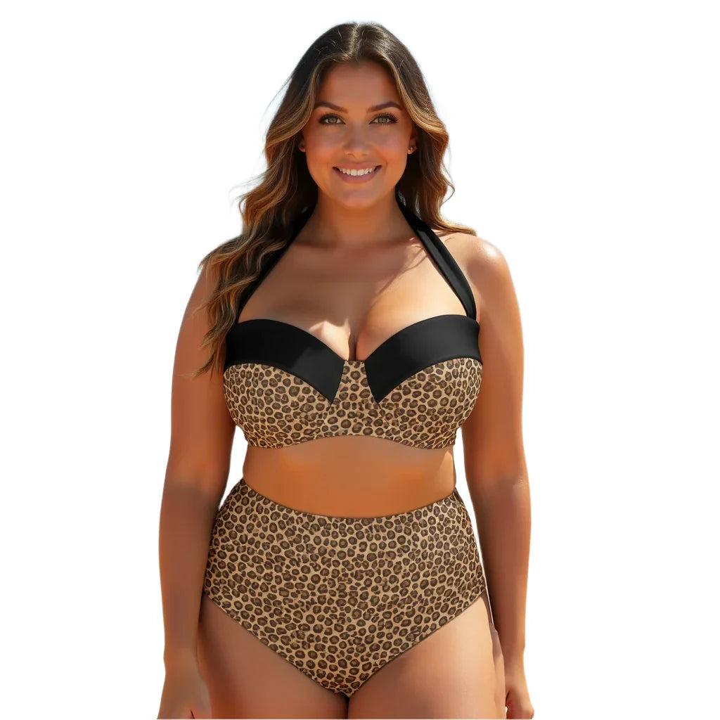 Model wearing a Leopard High Waist Bikini, featuring a flattering cut and stylish leopard print design for confidence and comfort.