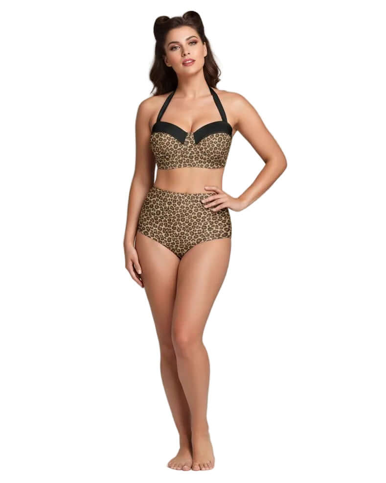 Leopard High Waist Bikini featuring a retro animal print, high-waisted bottoms, and vintage glamour for beach days.