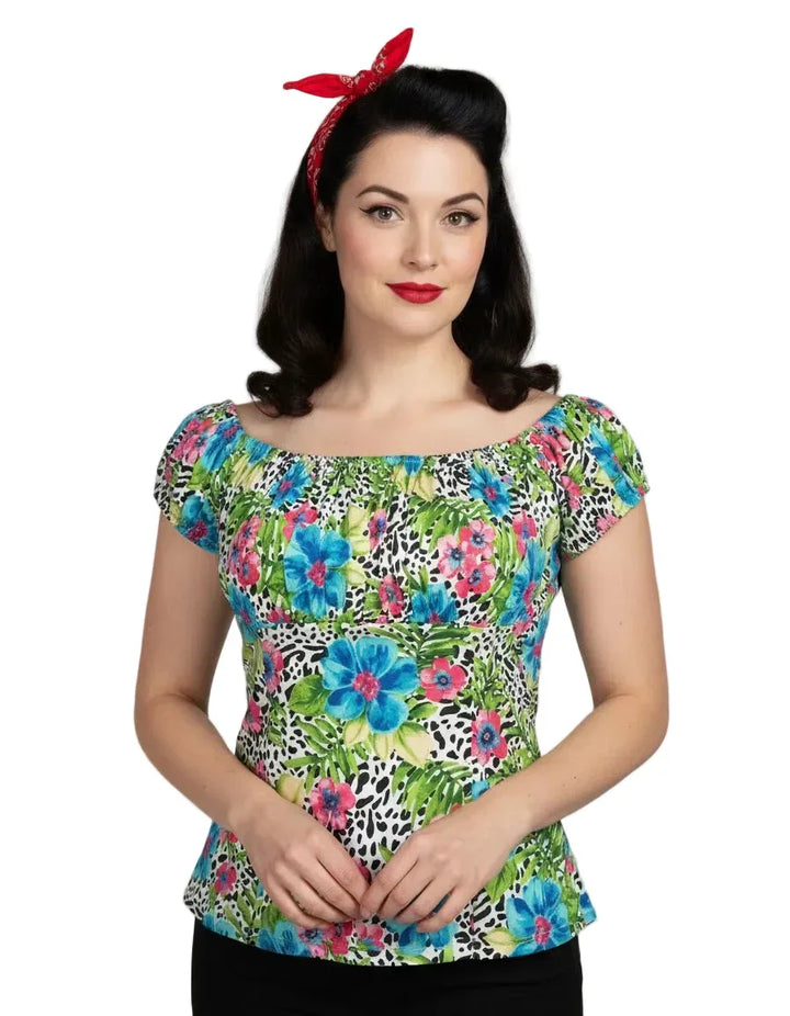 Tropical floral leopard peasant style top with off shoulder neckline vintage rockabilly blouse