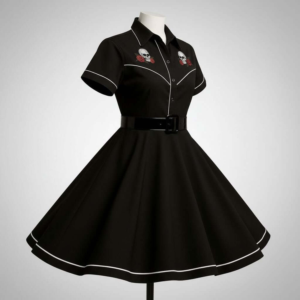 LIMITED EDITION White Piping Black Full Circle Skirt♥️ on a mannequin, showcasing its vintage 1950s style and flared silhouette.