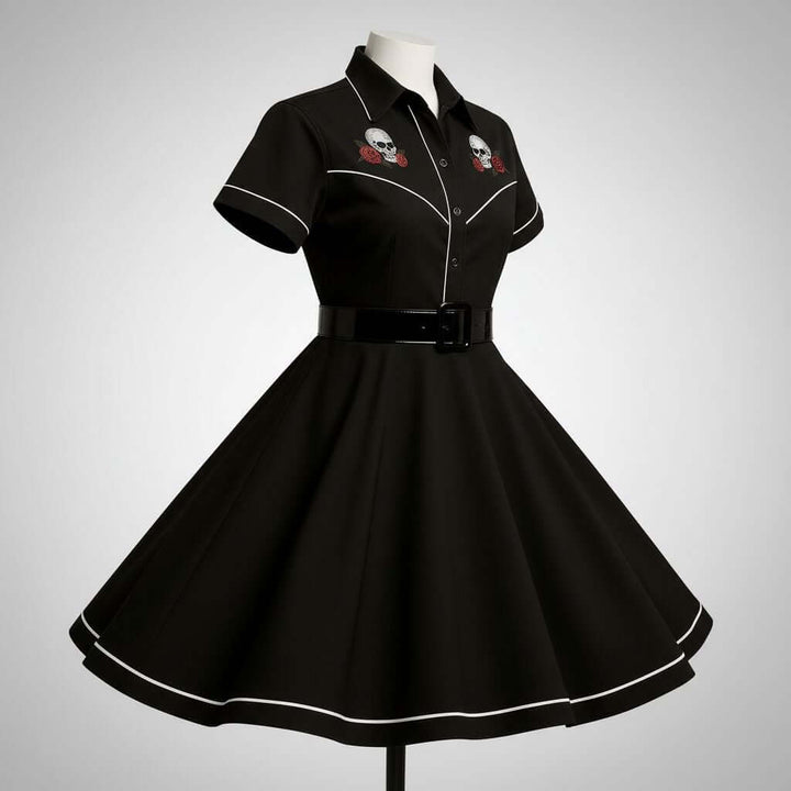 LIMITED EDITION White Piping Black Full Circle Skirt♥️ on a mannequin, showcasing its vintage 1950s style and flared silhouette.