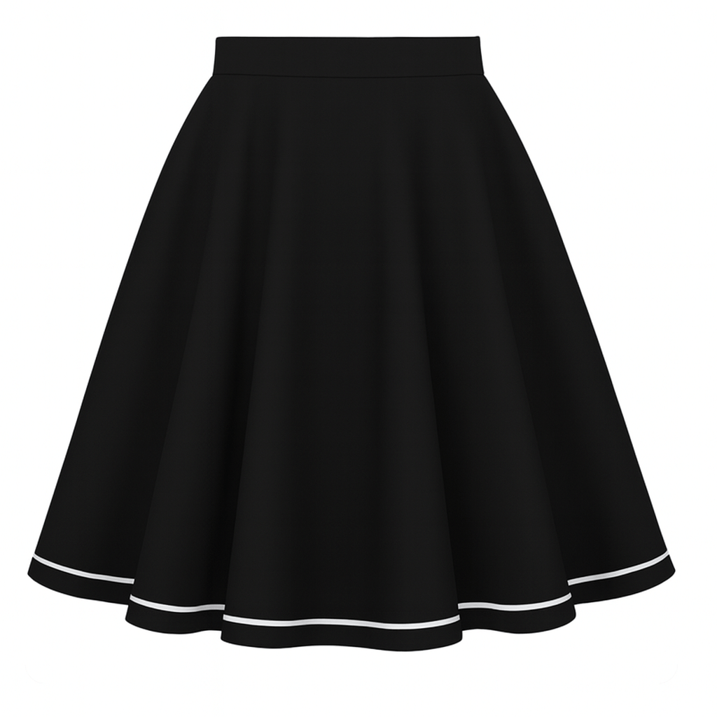 LIMITED EDITION White Piping Black Full Circle Skirt♥️ featuring a flared design and pockets, perfect for a vintage-inspired look.