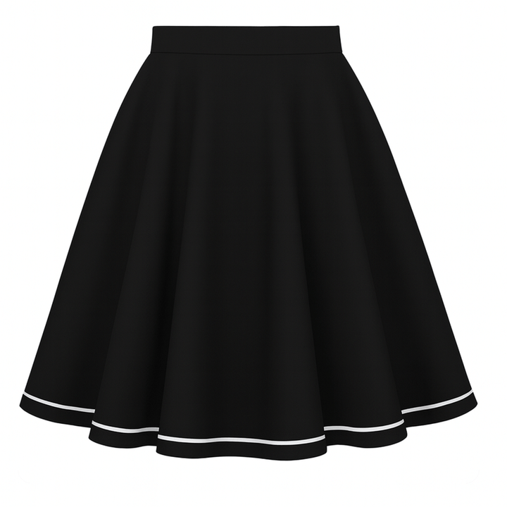 LIMITED EDITION White Piping Black Full Circle Skirt♥️ featuring a flared design and pockets, perfect for a vintage-inspired look.