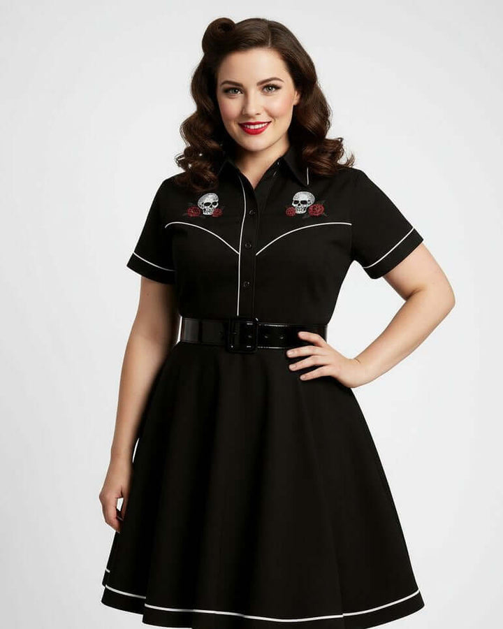 LIMITED EDITION White Piping Black Full Circle Skirt♥️ model showcasing retro style with embroidered details.