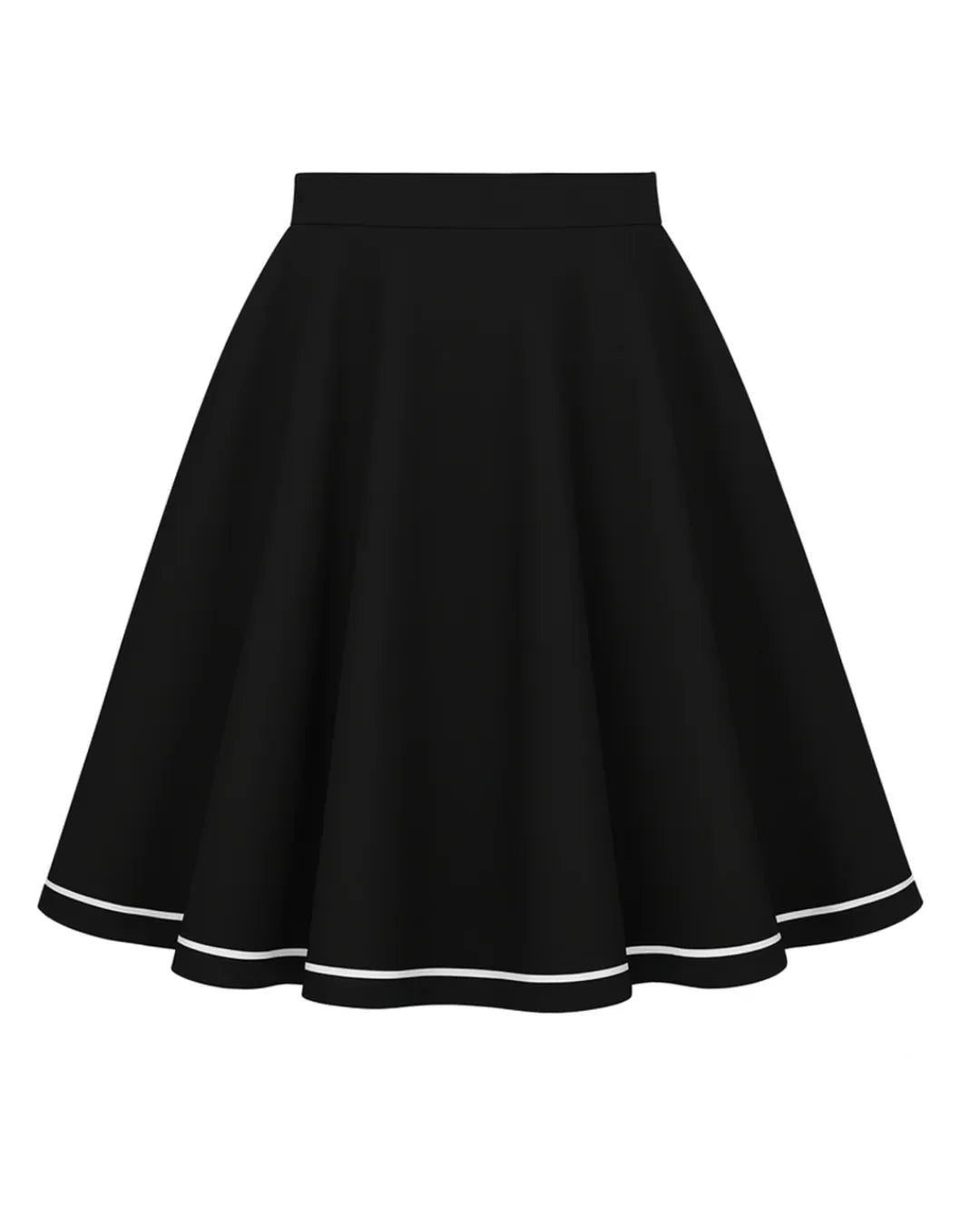 LIMITED EDITION White Piping Black Full Circle Skirt♥️ with wide flared shape and pockets, perfect for a retro look.