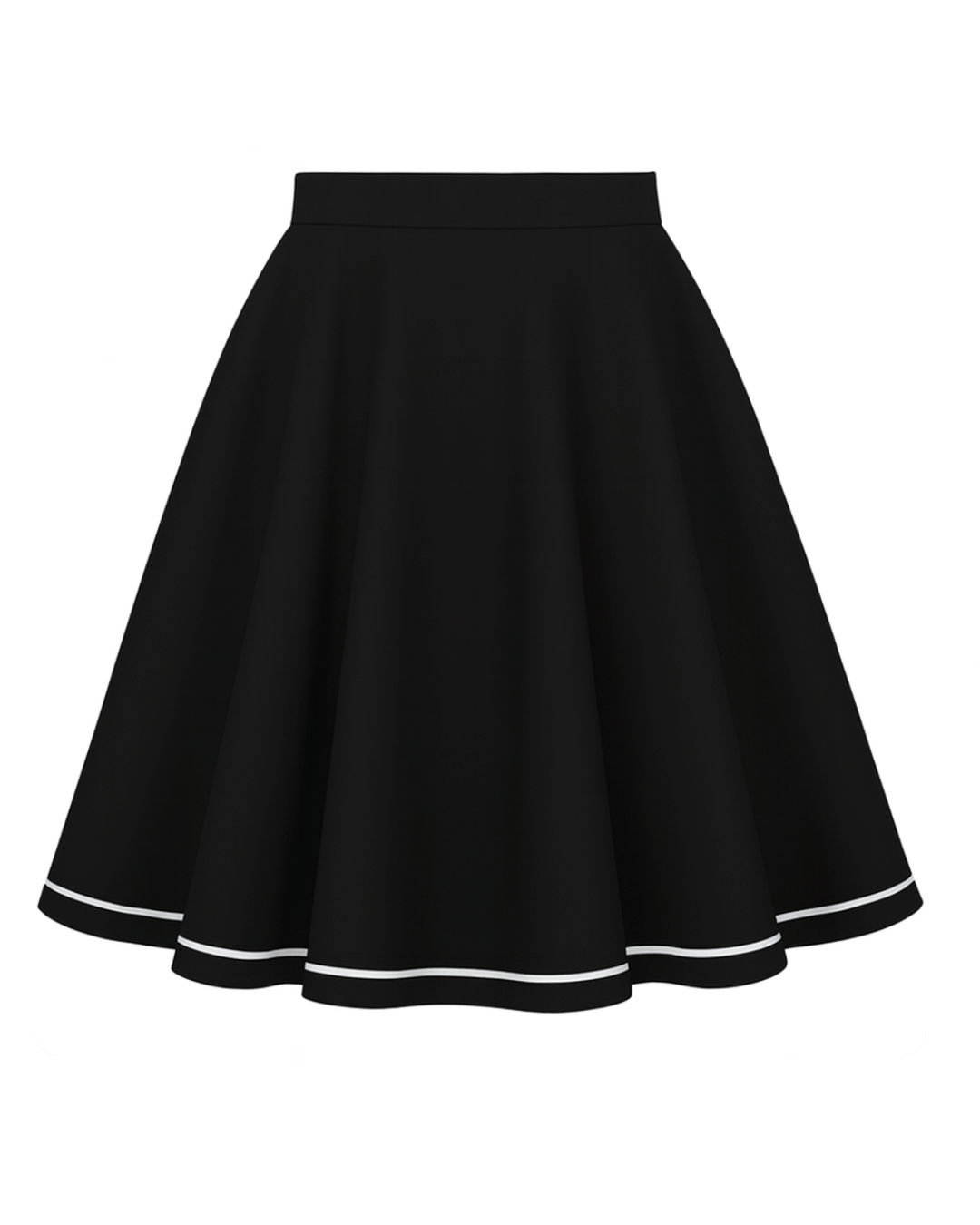 LIMITED EDITION White Piping Black Full Circle Skirt♥️ with wide flared shape and pockets, perfect for a retro look.