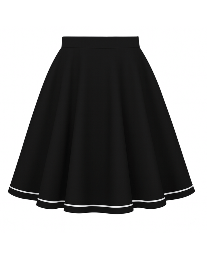 LIMITED EDITION White Piping Black Full Circle Skirt♥️ with wide flared shape and pockets, perfect for a retro look.