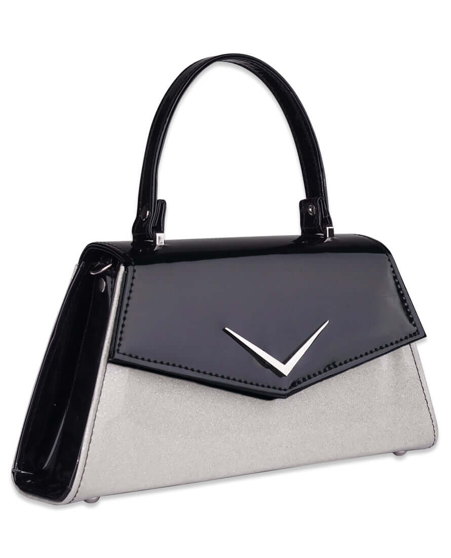 LIQUORBRAND Chevron Handbag White side view showcasing its sleek design and contrasting colors.